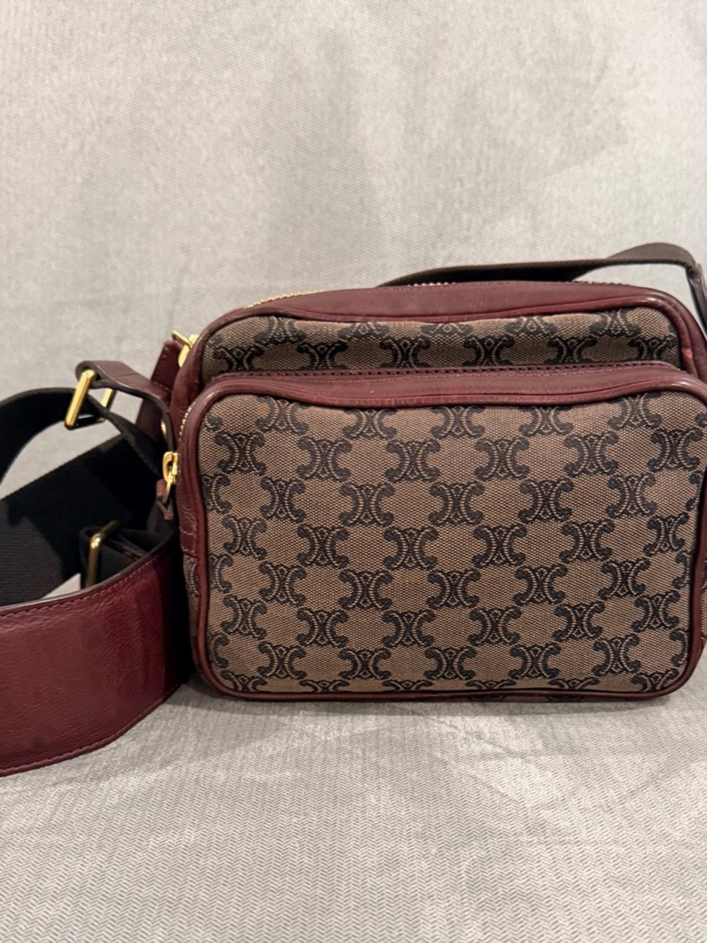 Celine Brown Monogram Messenger Bag with Burgundy Trim